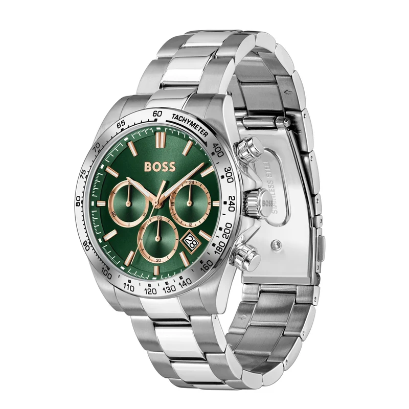 BOSS Hero Sport 1514268 Herrenuhr Grün • Chronograph mit Datum • Edelstahlarmband