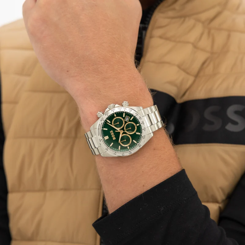 BOSS Hero Sport 1514268 Herrenuhr Grün • Chronograph mit Datum • Edelstahlarmband