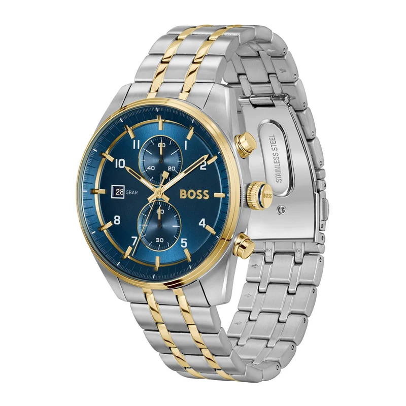 BOSS Skytraveller 1514247 Herren Armbanduhr Blau • Chronograph • Bicolores Edelstahlarmband