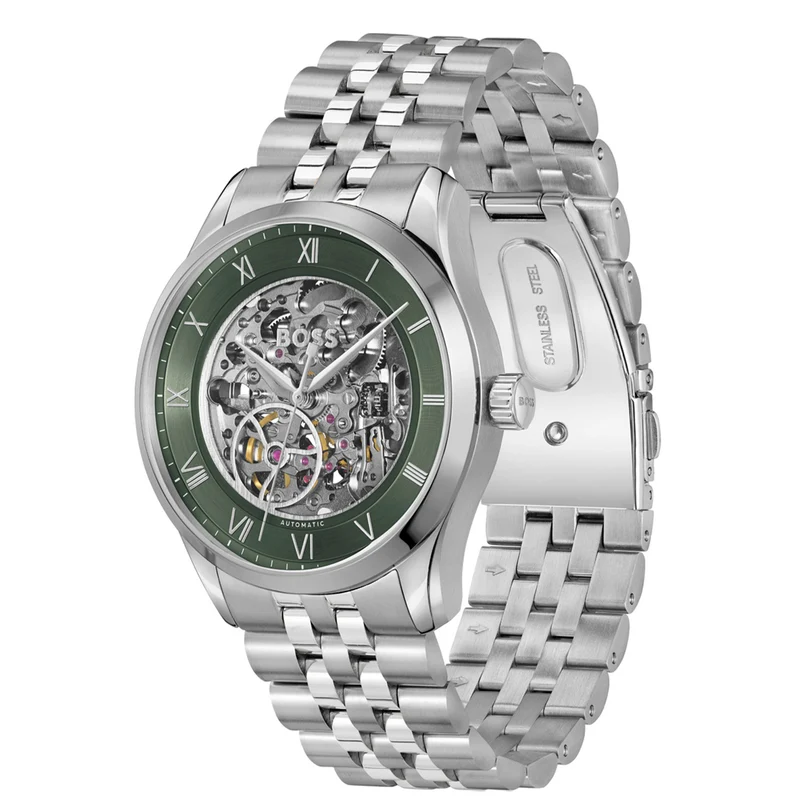 BOSS Principle Skeleton 1514236 Herren Armbanduhr Grün • Automatikwerk • Skelettiertes Zifferblatt