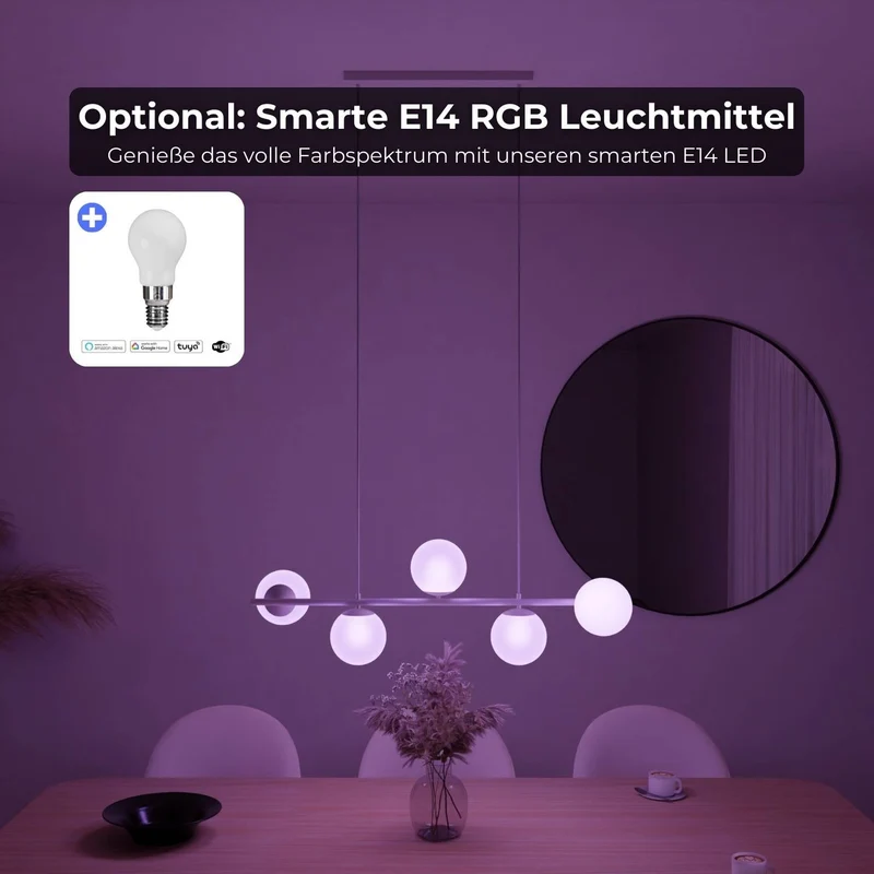 Moderne design hanglamp met 5 opaalglazen bollen boven eettafel – Eloria