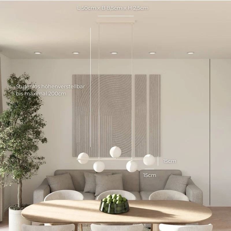 Moderne design hanglamp met 5 opaalglazen bollen boven eettafel – Eloria