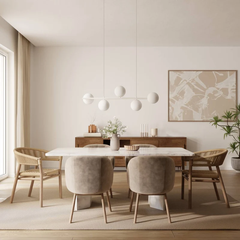 Moderne design hanglamp met 5 opaalglazen bollen boven eettafel – Eloria