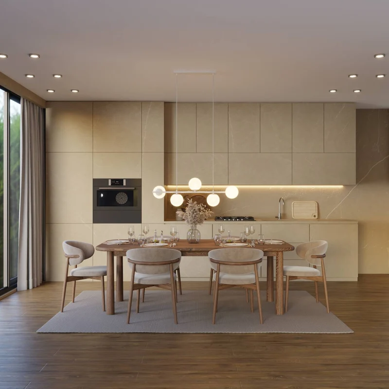 Moderne design hanglamp met 5 opaalglazen bollen boven eettafel – Eloria