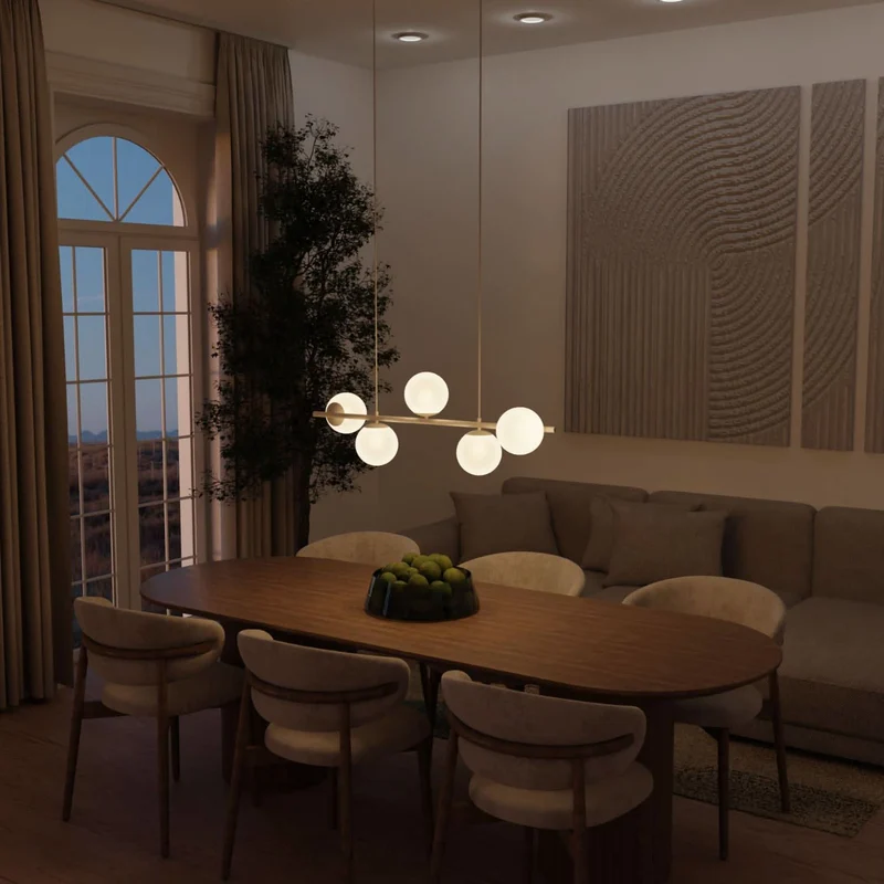Moderne design hanglamp met 5 opaalglazen bollen boven eettafel – Eloria