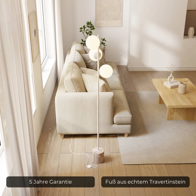 Luxe design vloerlamp met travertin voet en warm diffuus licht – Avera