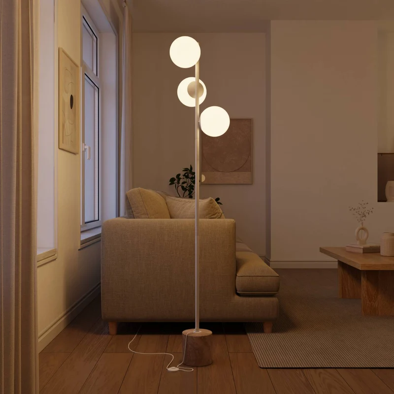 Luxe design vloerlamp met travertin voet en warm diffuus licht – Avera