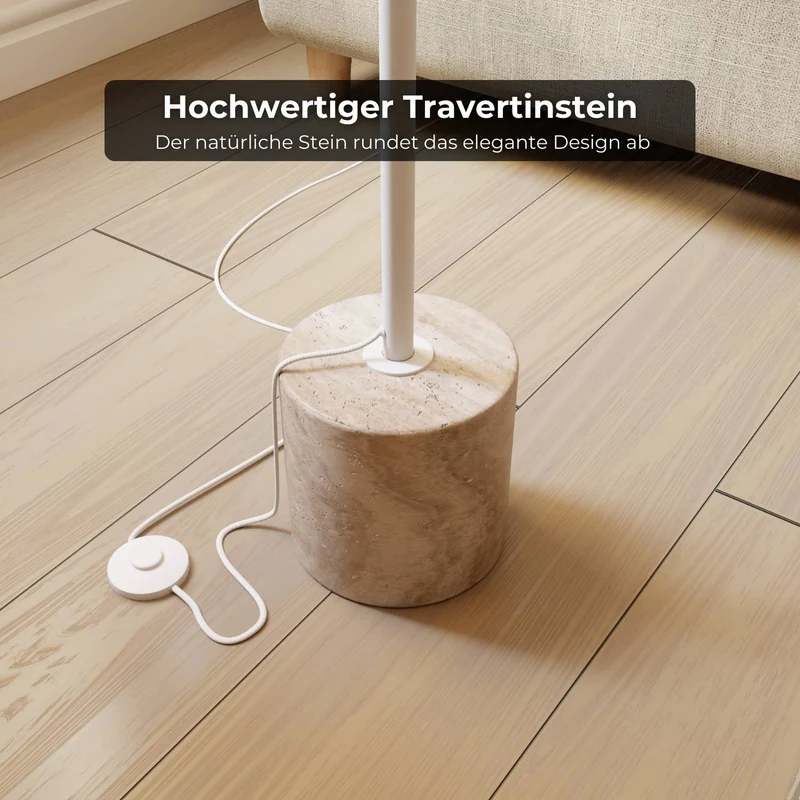 Luxe design vloerlamp met travertin voet en warm diffuus licht – Avera