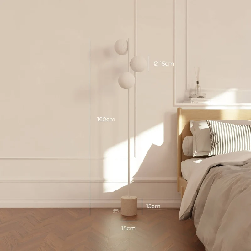 Luxe design vloerlamp met travertin voet en warm diffuus licht – Avera