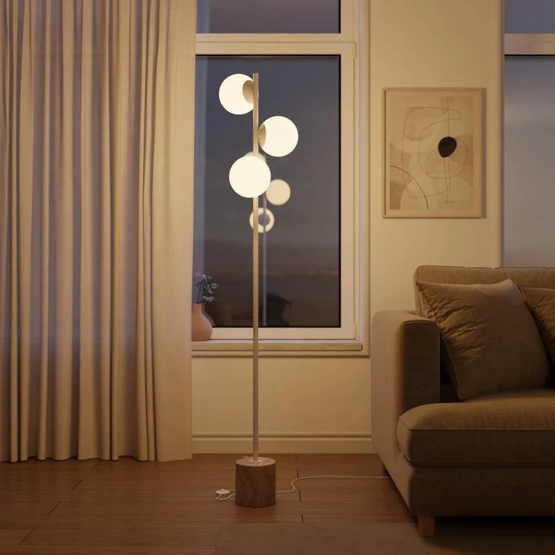 Luxe design vloerlamp met travertin voet en warm diffuus licht – Avera