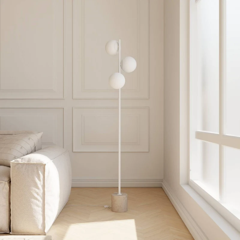 Luxe design vloerlamp met travertin voet en warm diffuus licht – Avera