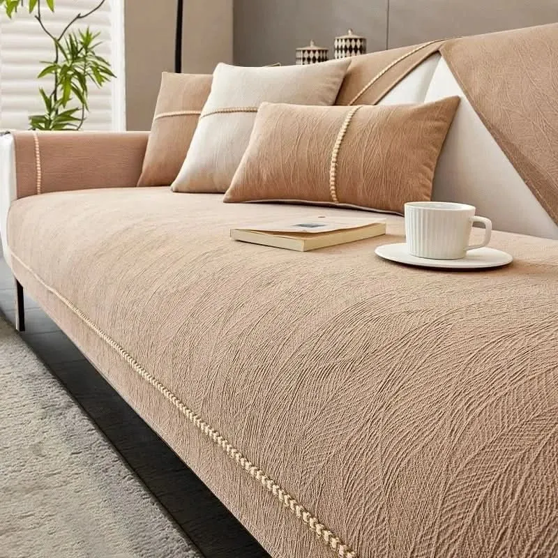 Bankbeschermer 3-Zits 110x240 cm Linnenlook Antislip Onderzijde Machinewasbaar Wit Beige | Sansoti