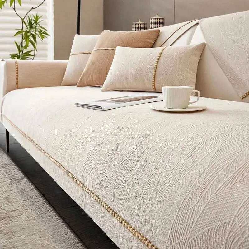 Bankbeschermer 3-Zits 110x240 cm Linnenlook Antislip Onderzijde Machinewasbaar Wit Beige | Sansoti