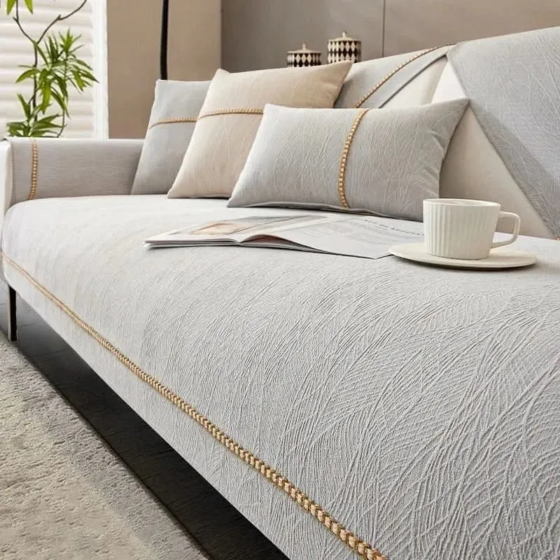 Bankbeschermer 3-Zits 110x240 cm Linnenlook Antislip Onderzijde Machinewasbaar Wit Beige | Sansoti
