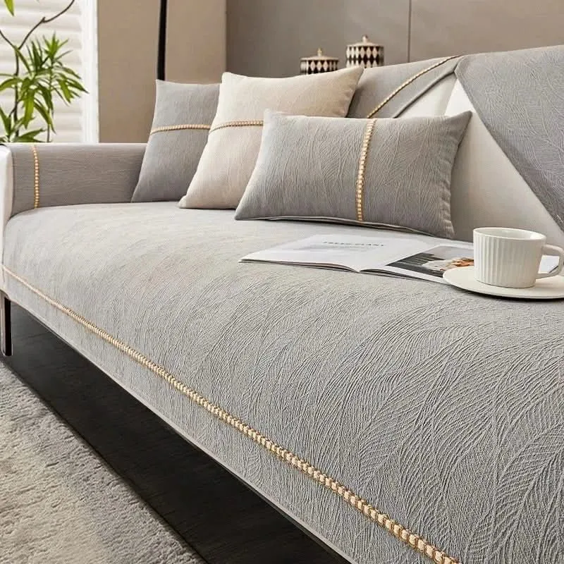 Bankbeschermer 3-Zits 110x240 cm Linnenlook Antislip Onderzijde Machinewasbaar Wit Beige | Sansoti