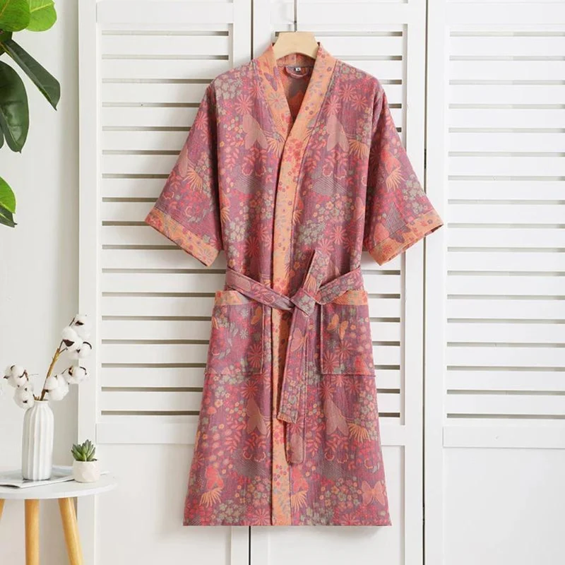 Katoenen Ochtendjas Dubbel Gaas Vintage Print Loungewear Badstof Kimono Spa Thuis Comfort Relaxen Wellness | Sansoti