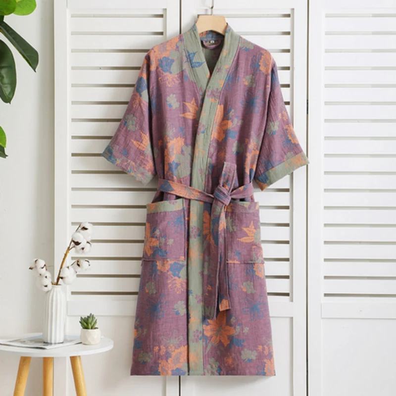 Katoenen Ochtendjas Dubbel Gaas Vintage Print Loungewear Badstof Kimono Spa Thuis Comfort Relaxen Wellness | Sansoti