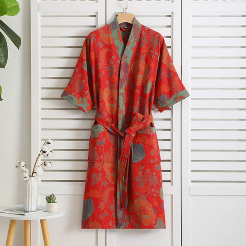 Katoenen Ochtendjas Dubbel Gaas Vintage Print Loungewear Badstof Kimono Spa Thuis Comfort Relaxen Wellness | Sansoti
