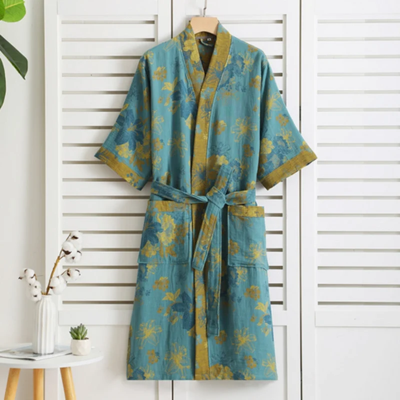 Katoenen Ochtendjas Dubbel Gaas Vintage Print Loungewear Badstof Kimono Spa Thuis Comfort Relaxen Wellness | Sansoti