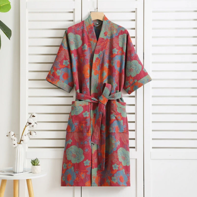 Katoenen Ochtendjas Dubbel Gaas Vintage Print Loungewear Badstof Kimono Spa Thuis Comfort Relaxen Wellness | Sansoti