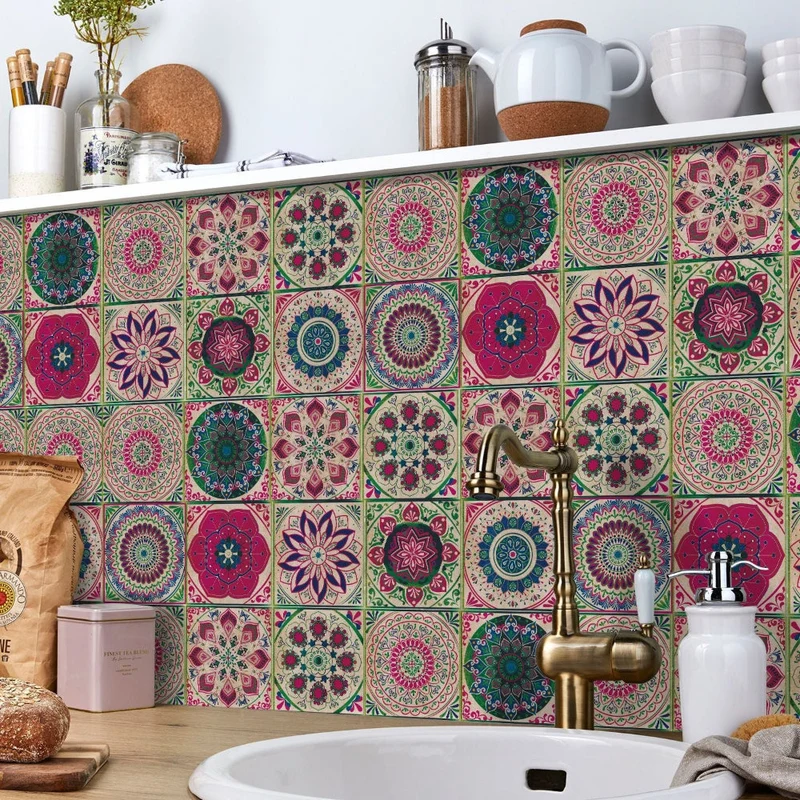 Tegelstickers Keuken Achterwand Zelfklevend Portugees Mandala 24 Stuks 10-20 cm Kleurrijk | Sansoti