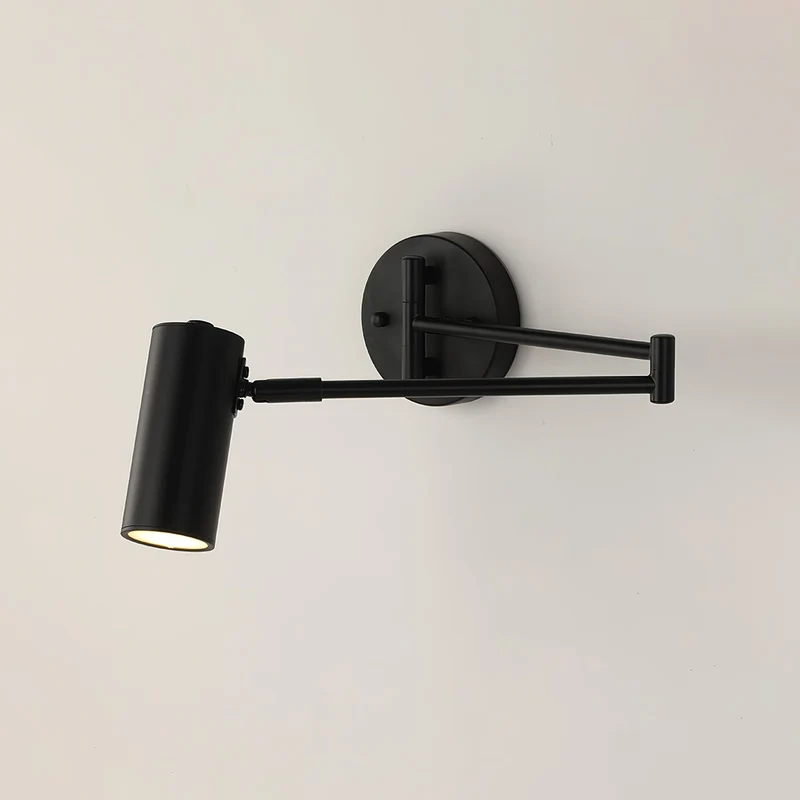Verstelbare LED Wandlamp van Messing of Zwart Metaal met Draaibare Arm en Cilindrische Spot voor Slaapkamer en Badkamer | Sansoti