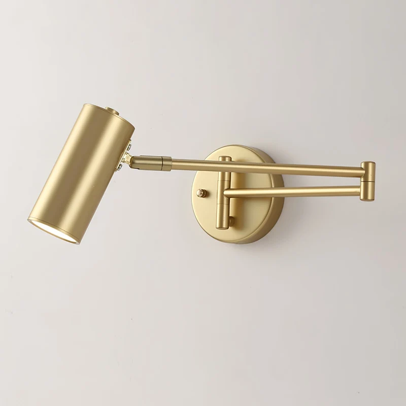 Verstelbare LED Wandlamp van Messing of Zwart Metaal met Draaibare Arm en Cilindrische Spot voor Slaapkamer en Badkamer | Sansoti