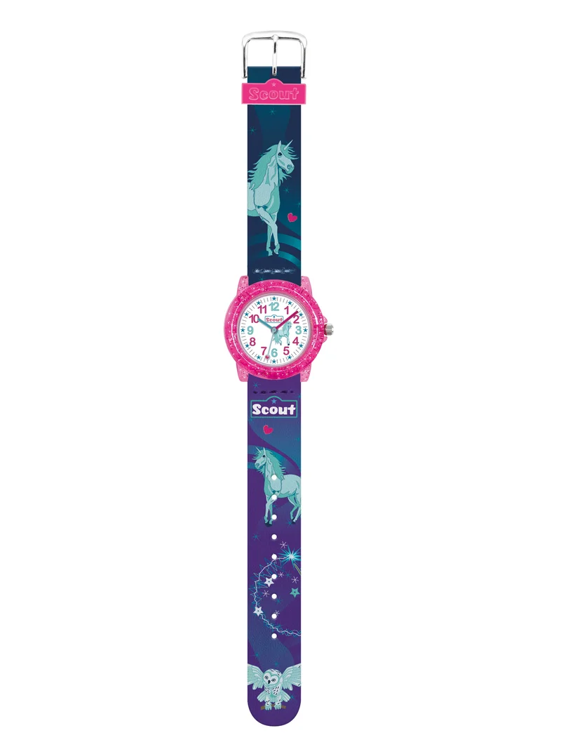 Scout Kinderuhr Einhorn und Eule 305048 Mädchen • Transparentes Glitzer-Gehäuse • Mineralglas