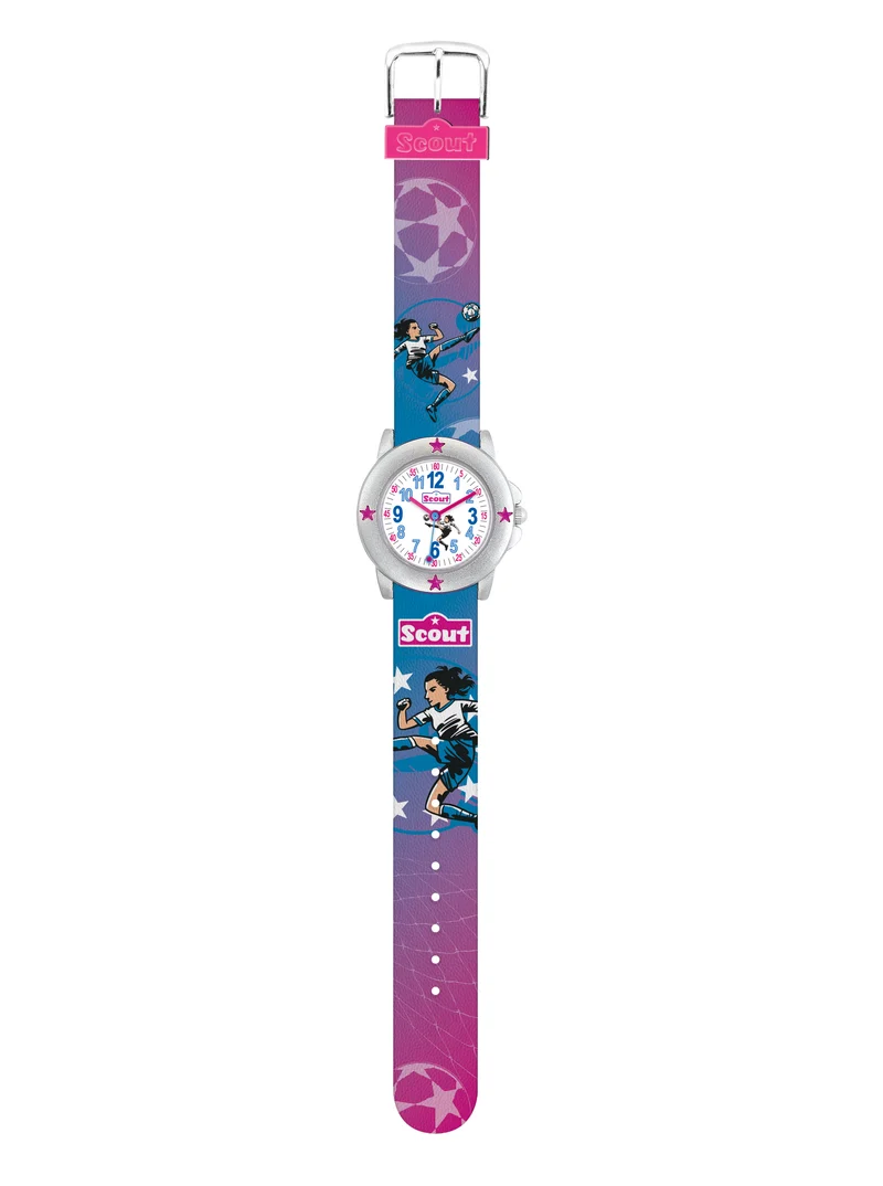 Scout Girls Team 280393035 Mädchen Armbanduhr Blau-Pink • Fußball-Motiv • Mineralglas
