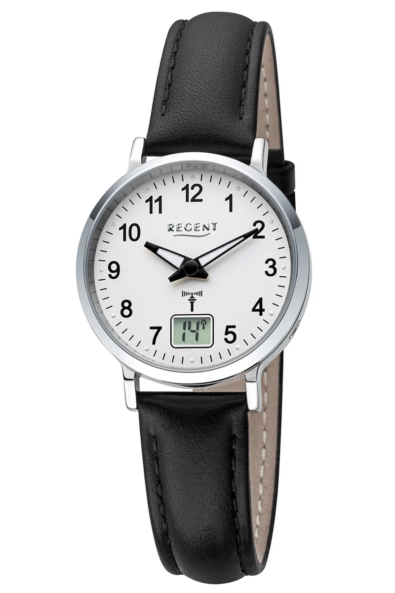 Regent FR-296 Damen Armbanduhr Schwarz/Silberfarben • Funkuhr DCF77 • Gut Ablesbar