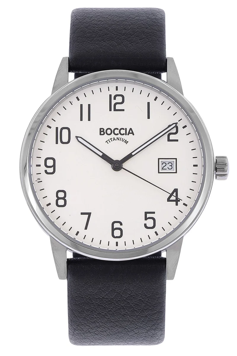 Boccia 3654-02 Herren Armbanduhr • Titan-Gehäuse • Schwarzes Lederband