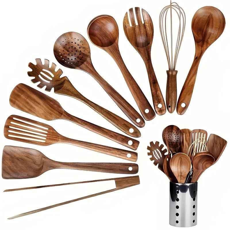 11-delige Teak Keukengerei Set met Houder – Houten Keukenhulpen | Sansoti