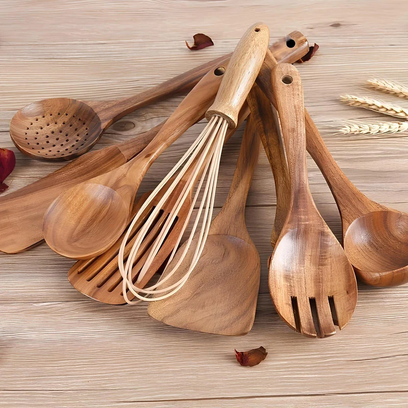 11-delige Teak Keukengerei Set met Houder – Houten Keukenhulpen | Sansoti