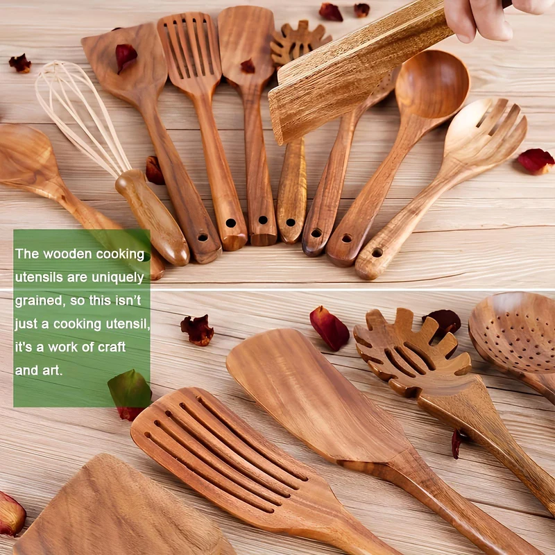 11-delige Teak Keukengerei Set met Houder – Houten Keukenhulpen | Sansoti