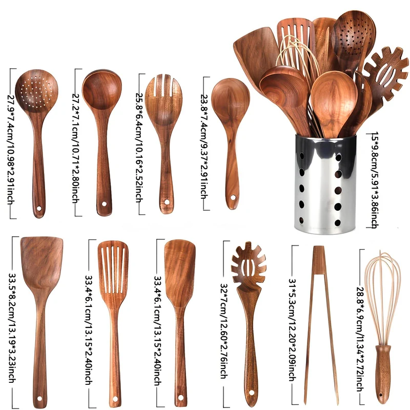 11-delige Teak Keukengerei Set met Houder – Houten Keukenhulpen | Sansoti