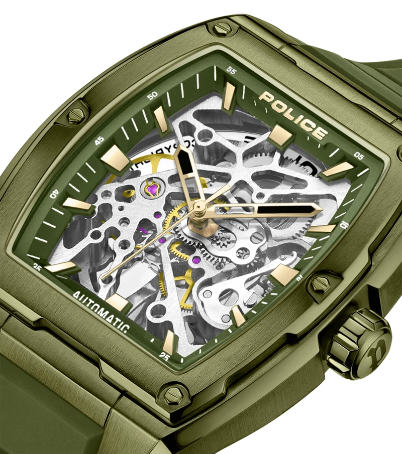 Police Skeletor PEWJR0005906 Herrenuhr Grün • Automatikwerk • Skelettiertes Zifferblatt