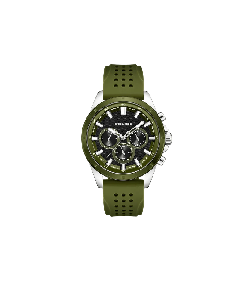 Police Motion PEWJQ2204111M Herrenuhr Oliv • Multifunction-Chronograph • Silikonarmband