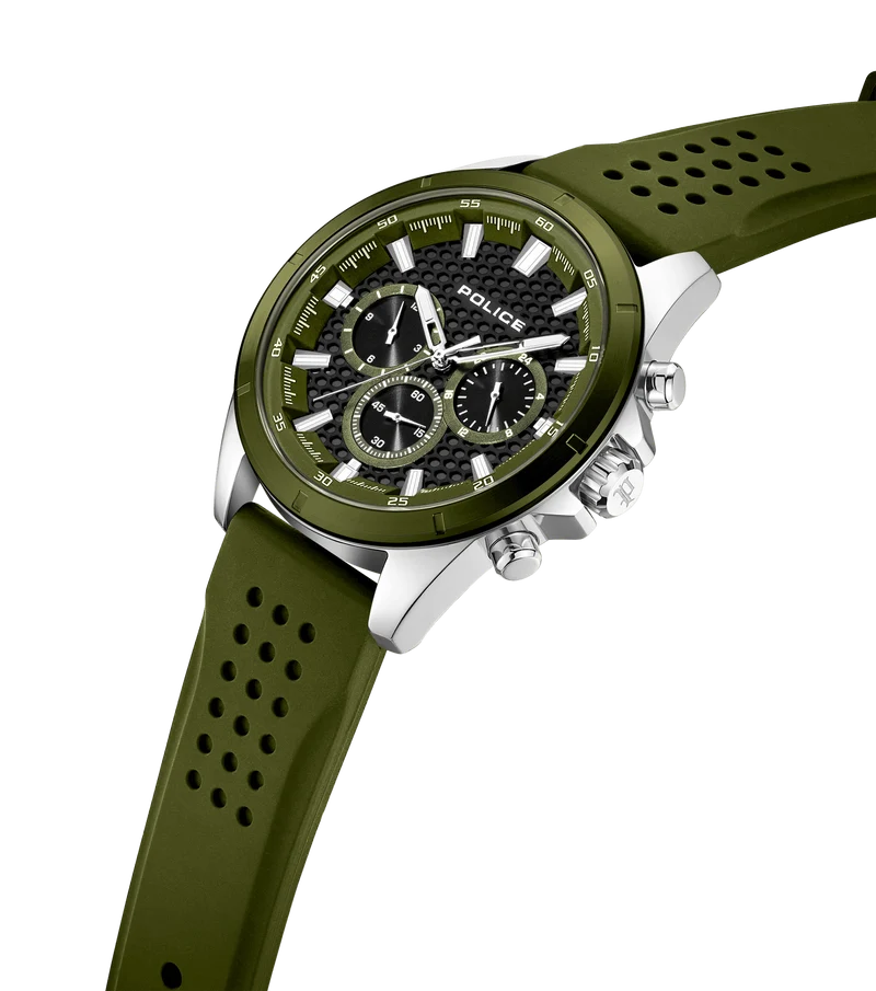 Police Motion PEWJQ2204111M Herrenuhr Oliv • Multifunction-Chronograph • Silikonarmband