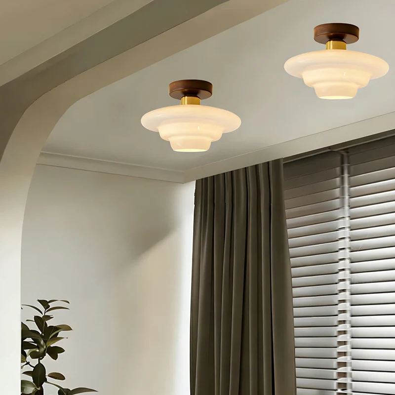 Plafondlamp Hout en Glas – Ronde Houten Plafondlamp van Walnoot met Koper, E27 – ⌀ 28/30/32 cm voor Hal, Gang, Keuken en Eetkamer | Sansoti
