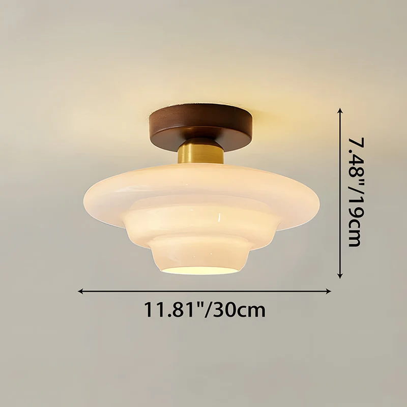 Plafondlamp Hout en Glas – Ronde Houten Plafondlamp van Walnoot met Koper, E27 – ⌀ 28/30/32 cm voor Hal, Gang, Keuken en Eetkamer | Sansoti