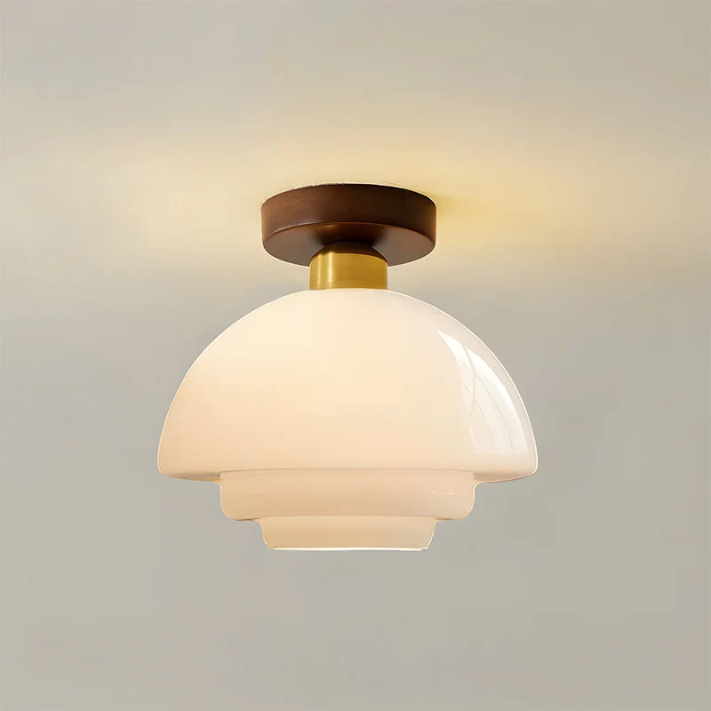 Plafondlamp Hout en Glas – Ronde Houten Plafondlamp van Walnoot met Koper, E27 – ⌀ 28/30/32 cm voor Hal, Gang, Keuken en Eetkamer | Sansoti