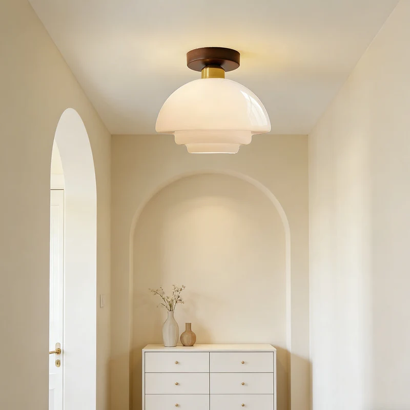 Plafondlamp Hout en Glas – Ronde Houten Plafondlamp van Walnoot met Koper, E27 – ⌀ 28/30/32 cm voor Hal, Gang, Keuken en Eetkamer | Sansoti