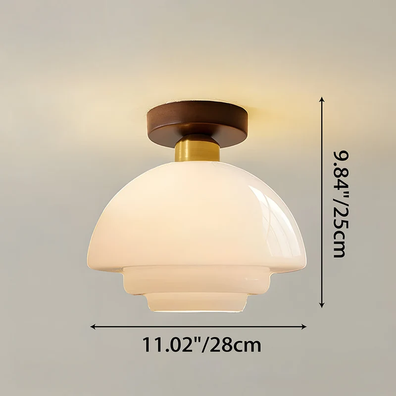 Plafondlamp Hout en Glas – Ronde Houten Plafondlamp van Walnoot met Koper, E27 – ⌀ 28/30/32 cm voor Hal, Gang, Keuken en Eetkamer | Sansoti