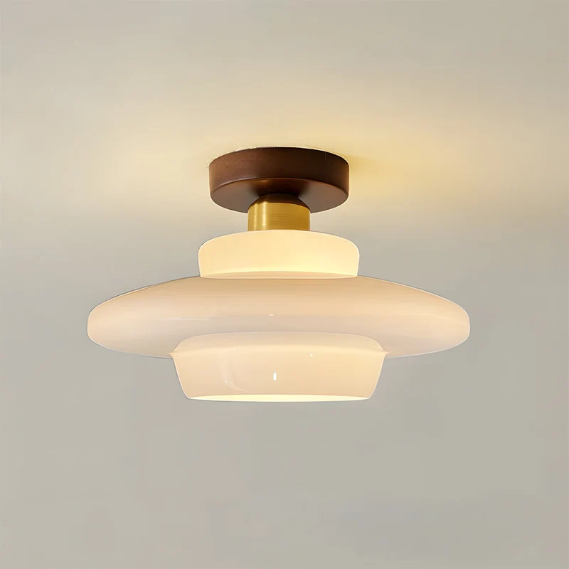 Plafondlamp Hout en Glas – Ronde Houten Plafondlamp van Walnoot met Koper, E27 – ⌀ 28/30/32 cm voor Hal, Gang, Keuken en Eetkamer | Sansoti