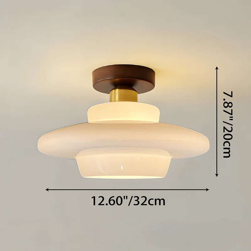 Plafondlamp Hout en Glas – Ronde Houten Plafondlamp van Walnoot met Koper, E27 – ⌀ 28/30/32 cm voor Hal, Gang, Keuken en Eetkamer | Sansoti