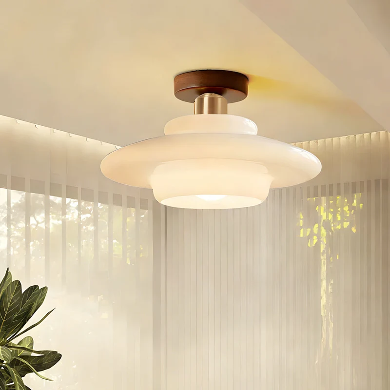 Plafondlamp Hout en Glas – Ronde Houten Plafondlamp van Walnoot met Koper, E27 – ⌀ 28/30/32 cm voor Hal, Gang, Keuken en Eetkamer | Sansoti