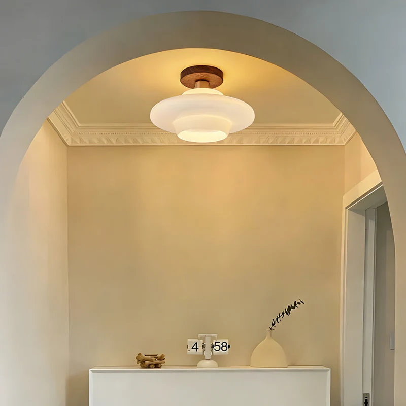 Plafondlamp Hout en Glas – Ronde Houten Plafondlamp van Walnoot met Koper, E27 – ⌀ 28/30/32 cm voor Hal, Gang, Keuken en Eetkamer | Sansoti
