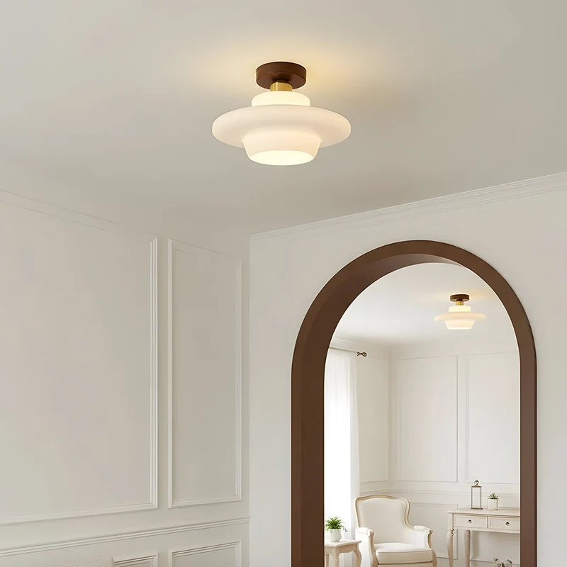 Plafondlamp Hout en Glas – Ronde Houten Plafondlamp van Walnoot met Koper, E27 – ⌀ 28/30/32 cm voor Hal, Gang, Keuken en Eetkamer | Sansoti