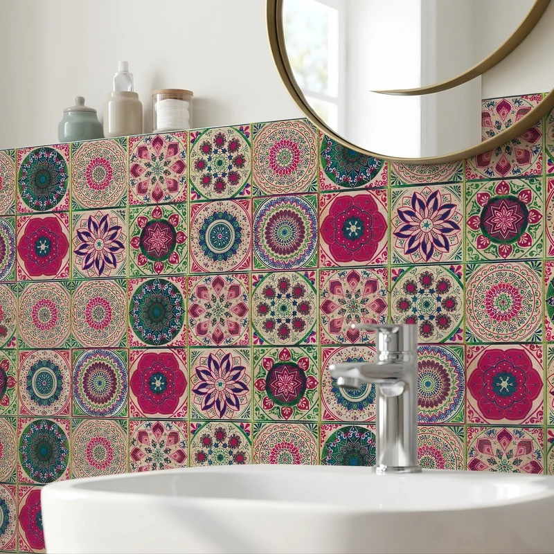 Tegelstickers Badkamer Zelfklevend Portugees Mandala 24 Stuks 10-20 cm Wanddecoratie Kleurrijk | Sansoti