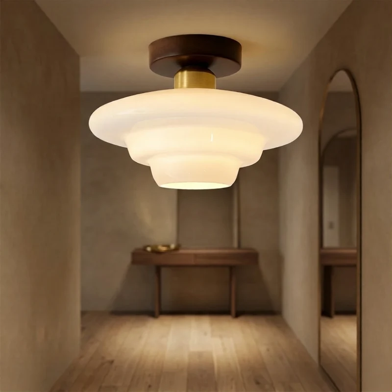 Plafondlamp Hout en Glas – Ronde Houten Plafondlamp van Walnoot met Koper, E27 – ⌀ 28/30/32 cm voor Hal, Gang, Keuken en Eetkamer | Sansoti